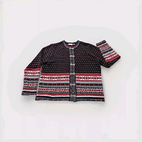 Croft & Barrow Cardigan Women L Black Red White Geo Christams Boho Soft Chenille - Picture 1 of 13